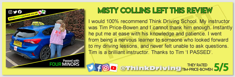 Becca left this awesome review of tim price-bowen at think driving school after passing in January 2022