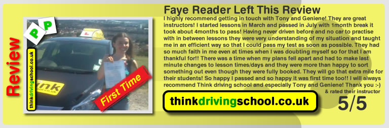 tony's first pass with think drivnig school faye from horndean who passed first time 