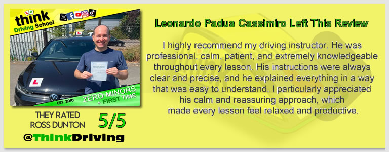 Driving School Aldershot Passed with think driving school June 2026 and left this 5 star review