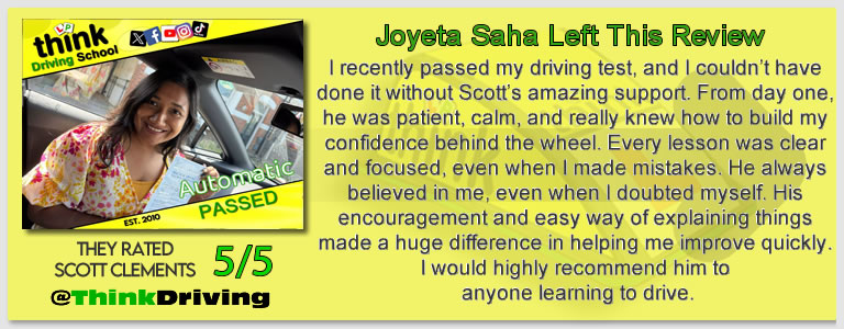 Driving School Aldershot Passed with think driving school June 2026 and left this 5 star review