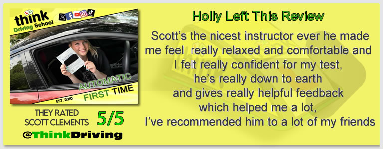 Driving School Aldershot Passed with think driving school June 2026 and left this 5 star review