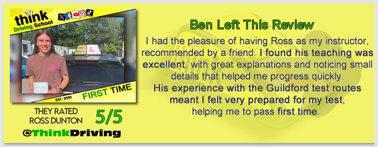 Driving School Aldershot Passed with think driving school June 2026 and left this 5 star review