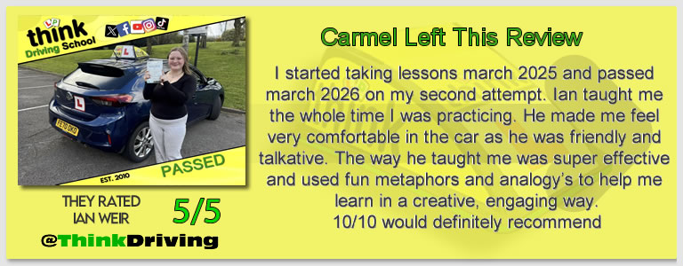 Alexandria passed with driving instructor ian weir and left this awesome review of think driving school