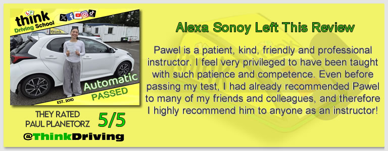 Passed with think driving school April 2026 and left this 5 star review