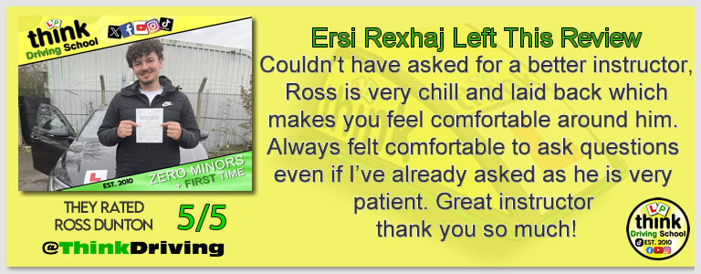 Passed with think driving school January 2026 and left this 5 star review