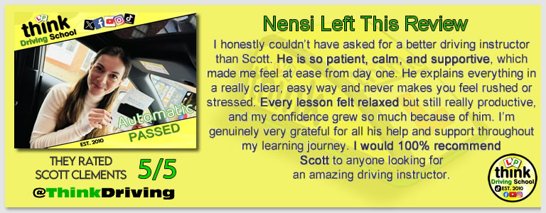 Passed with think driving school January 2026 and left this 5 star review