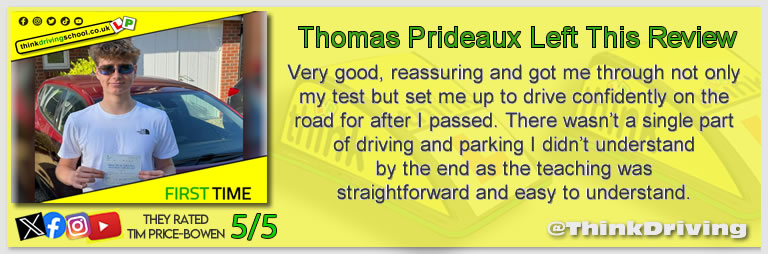 Becca left this awesome review of tim price-bowen at think driving school after passing in July 2025