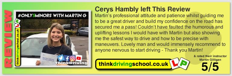 Passed with think driving school in November 2019 and left this 5 star review
