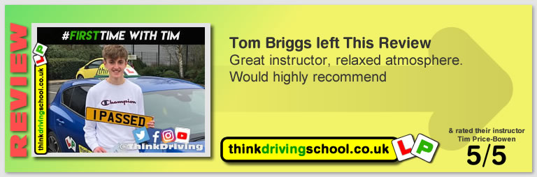 George Winser left this awesome review of tim price-bowen at think driving school after passing in August 2020