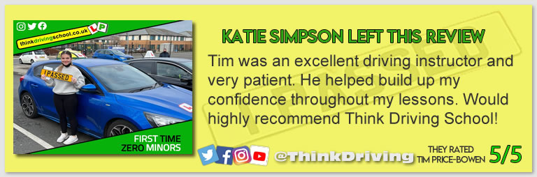 Becca left this awesome review of tim price-bowen at think driving school after passing in January 2022
