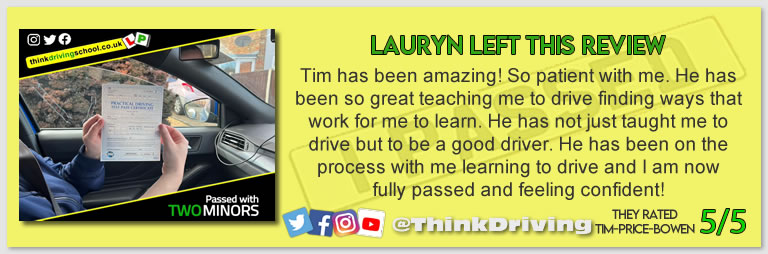 Becca left this awesome review of tim price-bowen at think driving school after passing in December 2022