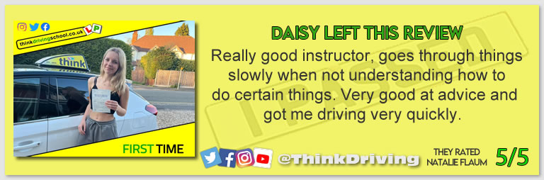 Alexandria passed with driving instructor Natalie Flaum ADI and left this awesome review of think driving school 