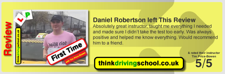 jade jeffreys  left this awesome review of tim price-bowen at think driving school after passing in April 2017